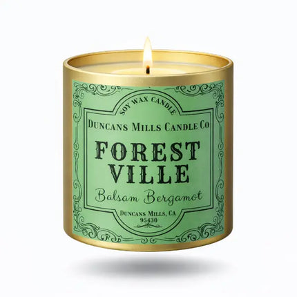 Candle with 'Forest Ville' label on a white background