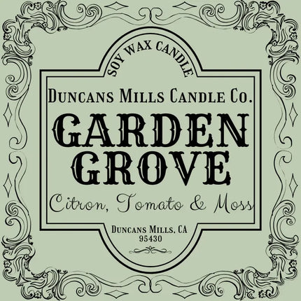 Label for Duncans Mills Candle Co. Garden Grove candle with decorative border