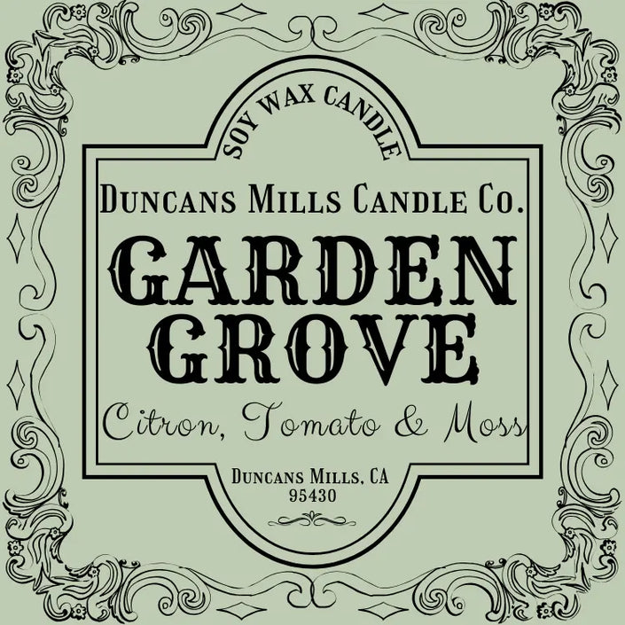 Label for Duncans Mills Candle Co. Garden Grove candle with decorative border