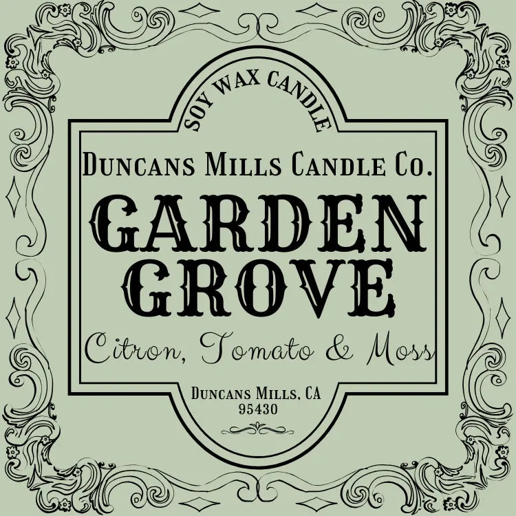 Label for Duncans Mills Candle Co. Garden Grove candle with decorative border