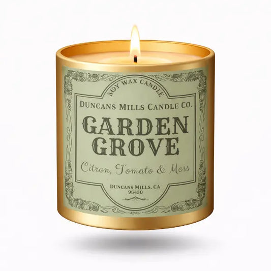 Candle with 'Garden Grove' label on a white background