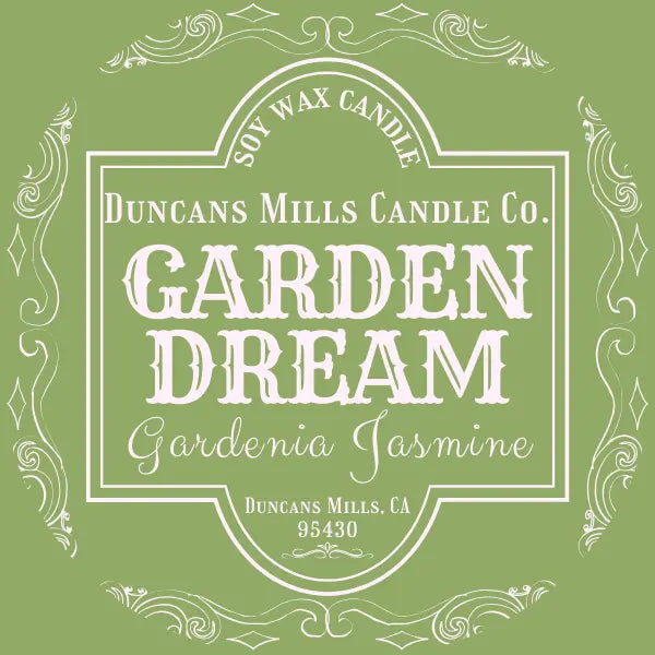 Duncan's Mills Candle Co. Garden Dream Gardenia Jasmine candle label on a green background