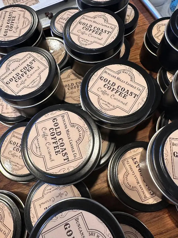 Gold Coast Coffee soy wax candle with coffee, caramel and vanilla notes in tin by Duncans Mills Candle Co.