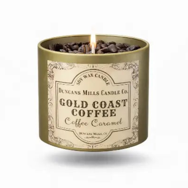 Gold Coast Coffee Infinity Tin candle with visible label on a white background