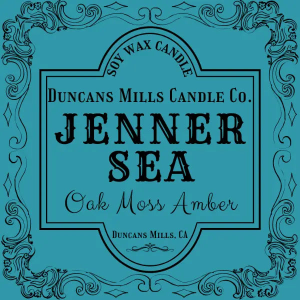 Jenner Sea candle label with oakmoss and amber notes by Duncans Mills Candle Co.