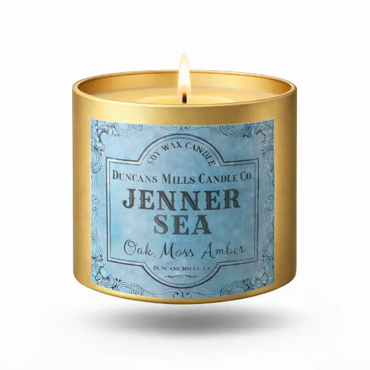 Jenner Sea soy wax candle with oakmoss and amber notes in gold tin by Duncans Mills Candle Co.