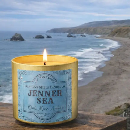 Jenner Sea Infinity Tin on Rustic Table Overlooking Beach