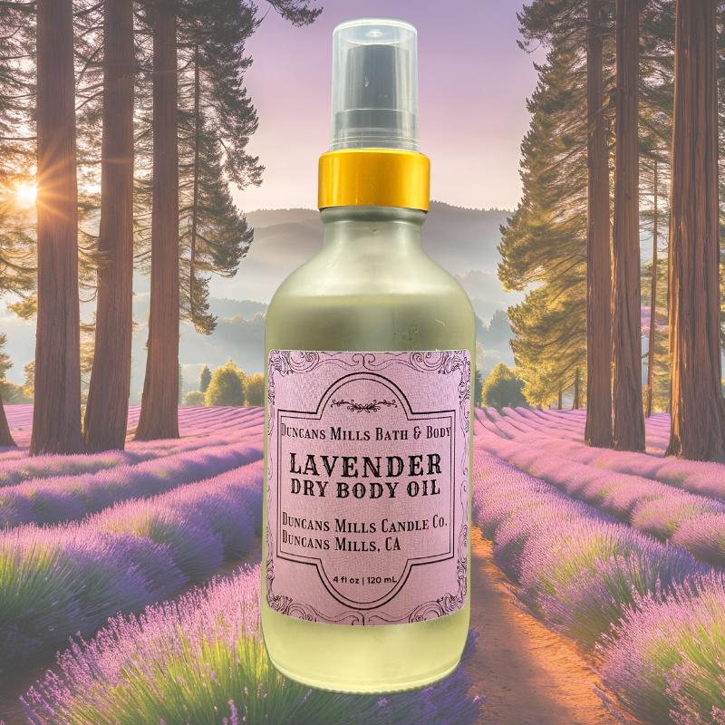 A frosted glass bottle of Lavender Body Oil nestled among lavender fields amongst redwood trees evoking a peaceful and calming skincare ritual