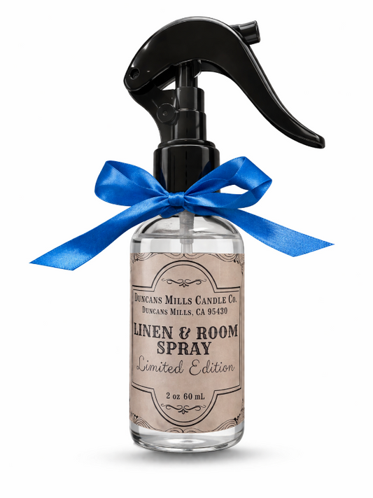 Limited edition 2 oz linen and room spray bottle with blue ribbon by Duncans Mills Candle Co.