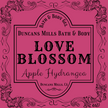 A bottle of Love Blossom Bath Gel, infused with botanical extracts and scented with apple, hydrangea, and a touch of peach, housed in a clear recyclable PET plastic bottle.