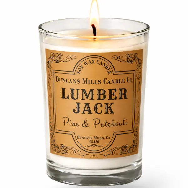 LumberJack Cafe Glass Candle on a white background