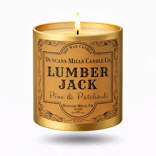 Candle with 'Lumber Jack' label on a white background