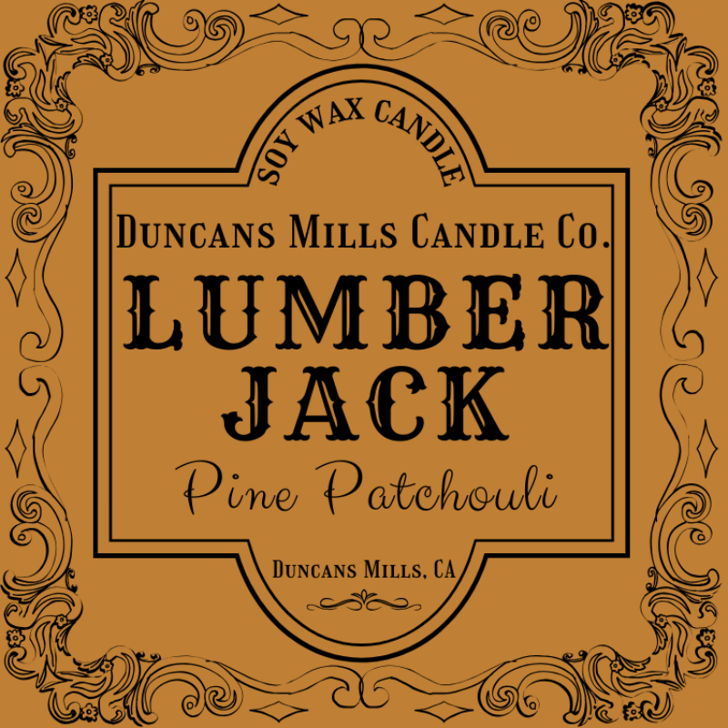 Elegant dark-mustard-colored label image: Soy Wax Candle, Duncans Mills Candle Co., Lumberjack, Pine Patchouli, Duncans Mills, CA