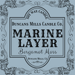 Elegant pale-blue label image: Soy Wax Candle, Duncans Mills Candle Co., Marine Layer, Bergamot Moss, Duncans Mills, CA