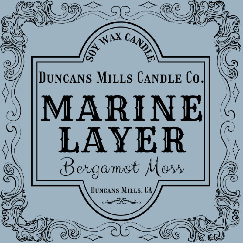 Elegant pale-blue label image: Soy Wax Candle, Duncans Mills Candle Co., Marine Layer, Bergamot Moss, Duncans Mills, CA