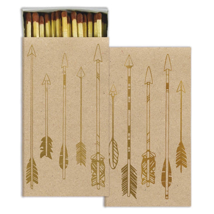 Gold foil arrows design on matchbox with matchsticks showing
