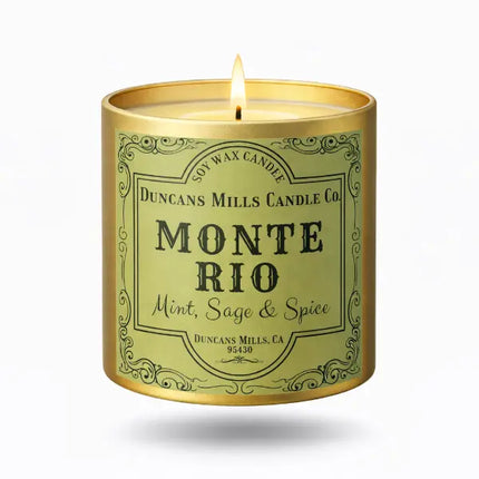 Candle with 'Monte Rio' label on a white background