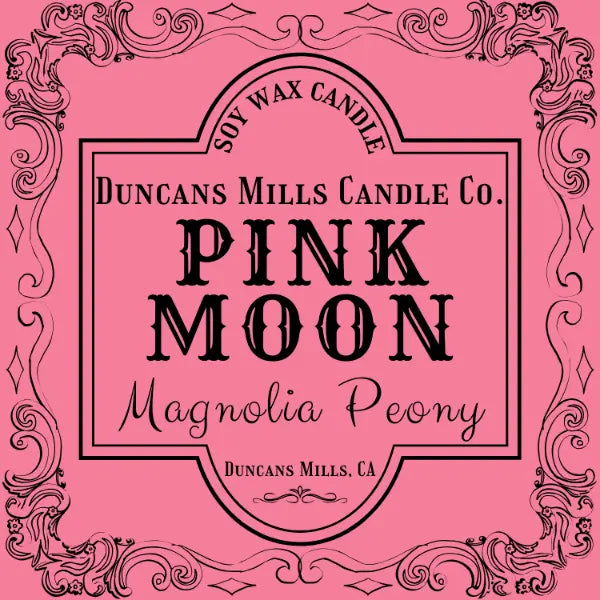 Pink Moon soy wax candle with magnolia and peony notes in gold tin by Duncans Mills Candle Co.
