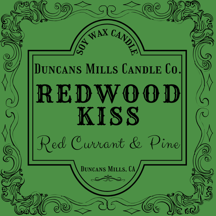 Elegant green label image: Soy Wax Candle, Duncans Mills Candle Co., Redwood Kiss, Red Currant & Pine, Duncans Mills, CA