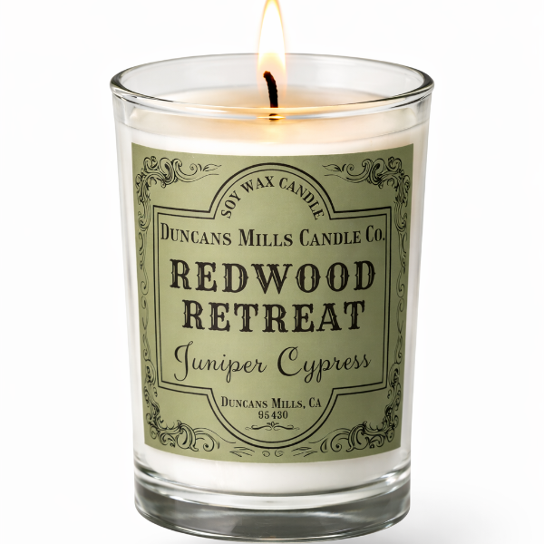 Redwood Retreat soy wax candle with juniper and cypress notes in tin vessel by Duncans Mills Candle Co.