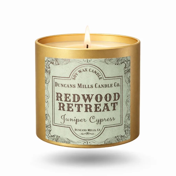 Redwood Retreat soy wax candle in infinity tin with juniper and cypress notes by Duncans Mills Candle Co.