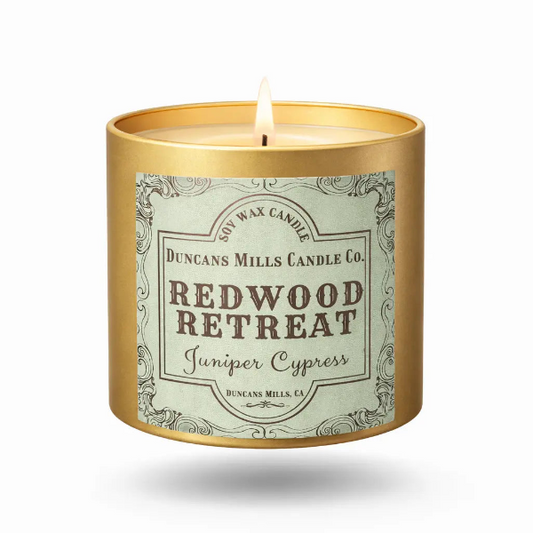 Redwood Retreat soy wax candle in infinity tin with juniper and cypress notes by Duncans Mills Candle Co.