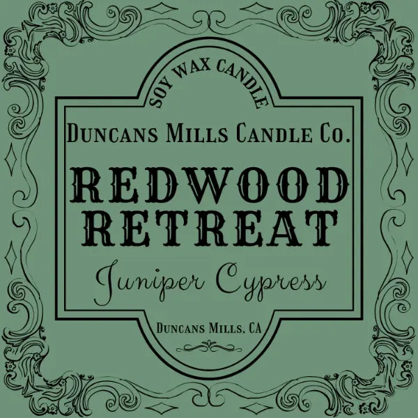 Redwood Retreat candle label with juniper and cypress notes by Duncans Mills Candle Co.