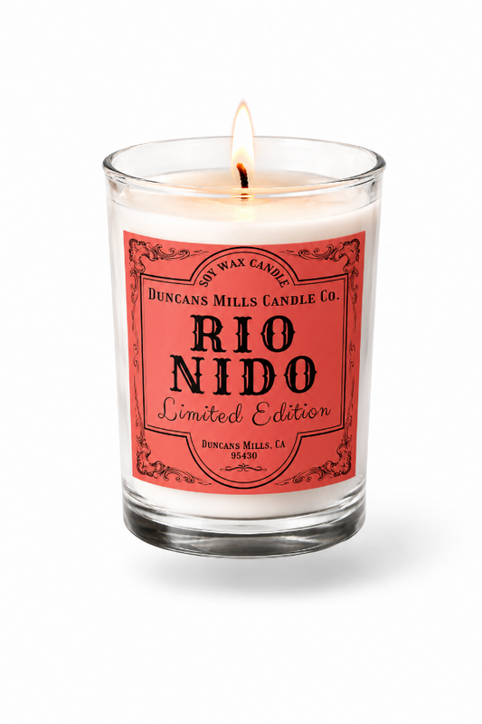 Cafe Glass Candle with Rio Nido Label on a white background