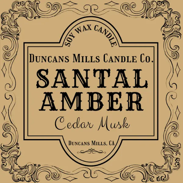 Santal Amber soy wax candle with cedar and musk notes in gold tin by Duncans Mills Candle Co.