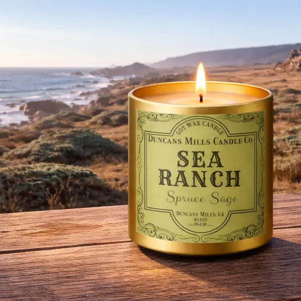 Sea Ranch soy wax candle with spruce and sage notes in tin vessel by Duncans Mills Candle Co.