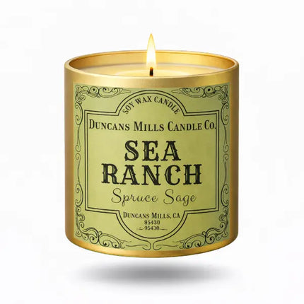 Candle with 'Sea Ranch' label on a white background