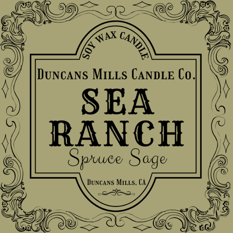 Elegant sage-colored label image: Soy Wax Candle, Duncans Mills Candle Co., Sea Ranch, Spruce Sage, Duncans Mills, CA