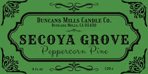 Label for Duncans Mills Candle Co. Secoya Grove Peppercorn Pine candle on a green background