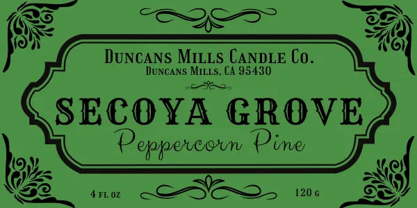 Label for Duncans Mills Candle Co. Secoya Grove Peppercorn Pine candle on a green background