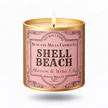Infinity Tin Soy Wax Candle with Shell Beach Label on a White Background