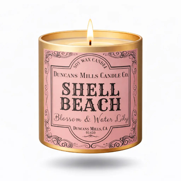 Infinity Tin Soy Wax Candle with Shell Beach Label on a White Background