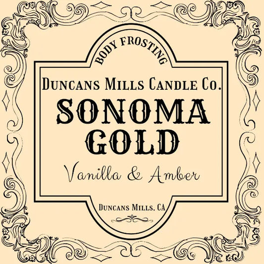 Sonoma Gold whipped body frosting with vanilla and amber in glass jar by Duncans Mills Bath & Body