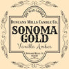 Duncan's Mills Candle Co. Sonoma Gold Vanilla Amber candle label on a beige background