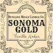 Label for Duncans Mills Candle Co. Sonoma Gold Vanilla Amber candle with decorative border.