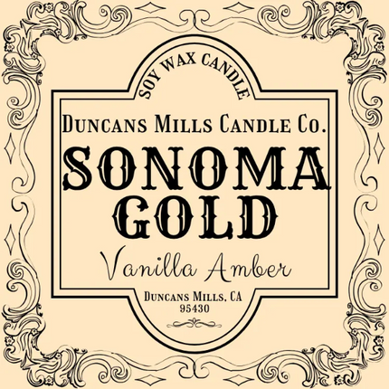 Label for Duncans Mills Candle Co. Sonoma Gold Vanilla Amber candle with decorative border.