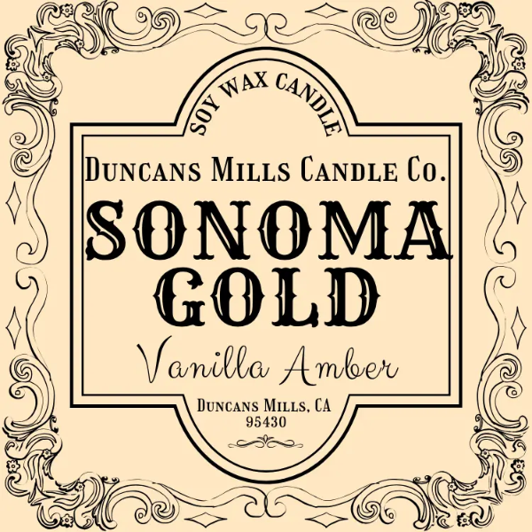 Label for Duncans Mills Candle Co. Sonoma Gold Vanilla Amber candle with decorative border.