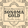 Label for Duncans Mills Candle Co. Sonoma Gold Vanilla Amber candle with decorative border.