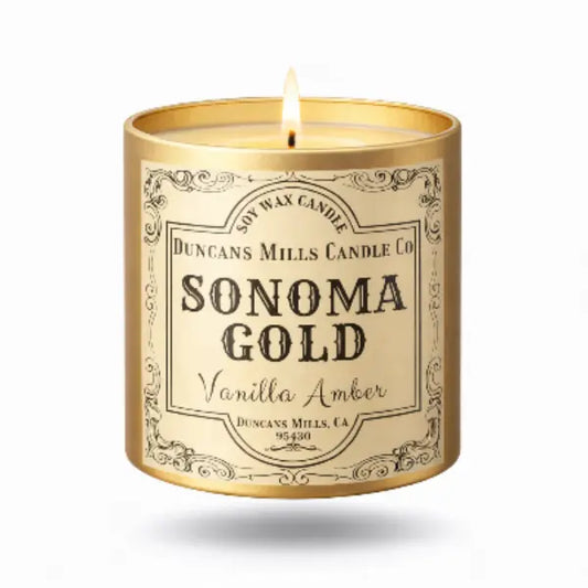 Sonoma Gold soy wax candle in infinity tin with vanilla and amber notes by Duncans Mills Candle Co.