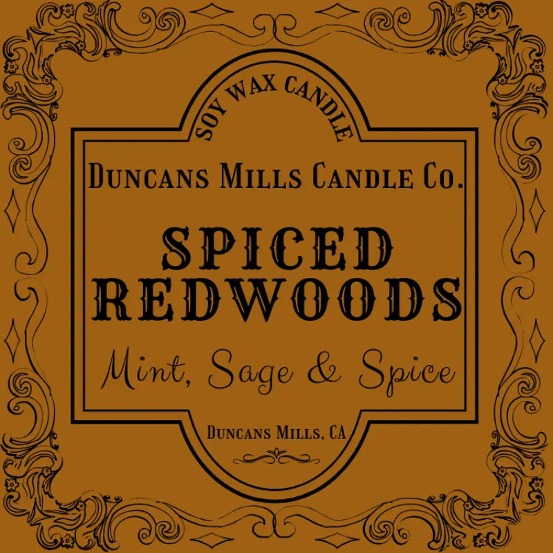 Spiced Redwoods soy wax candle with mint, sage and spice in tin by Duncans Mills Candle Co.