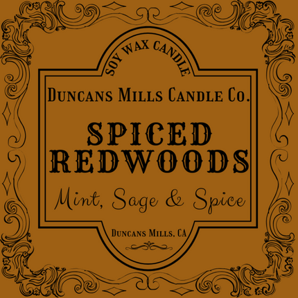 Elegant tawny label image: Soy Wax Candle; Duncans Mills Candle Co.; Spiced Redwoods; Mint, Sage & Spice; Duncans Mills, CA