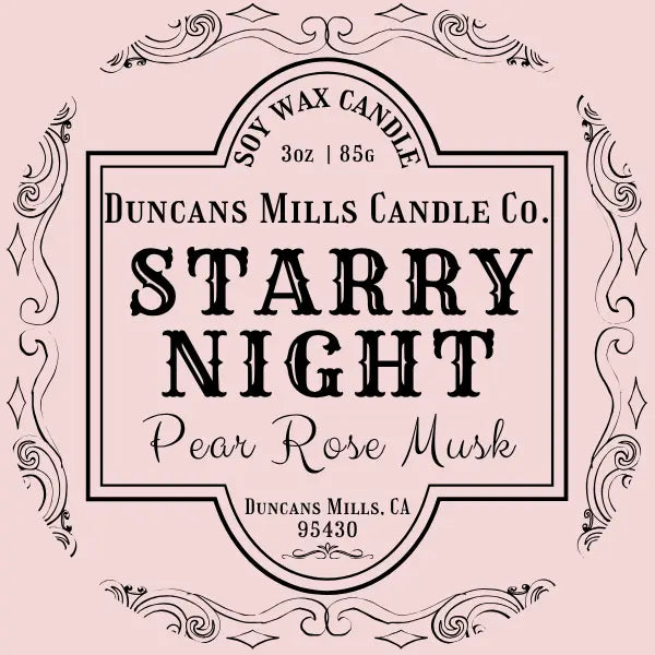 Starry Night fragrance label with pear, rose and musk notes by Duncans Mills Candle Co.