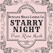 Starry Night candle label by Duncans Mills Candle Co. on a decorative pink background