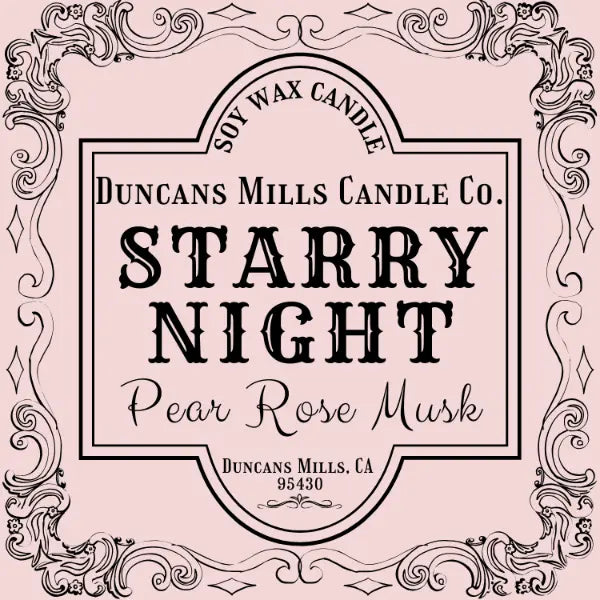 Starry Night candle label by Duncans Mills Candle Co. on a decorative pink background