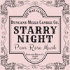 Starry Night candle label by Duncans Mills Candle Co. on a decorative pink background
