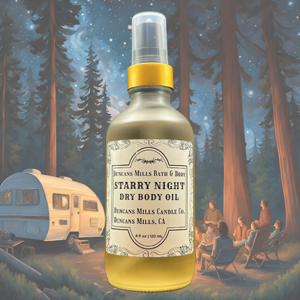 A luxurious glass bottle of Starry Night Body Oil, infused with botanical extracts on a background with towering redwoods under the night starry sky where a family is gathered around a campfire and the camper is nestled nearby.